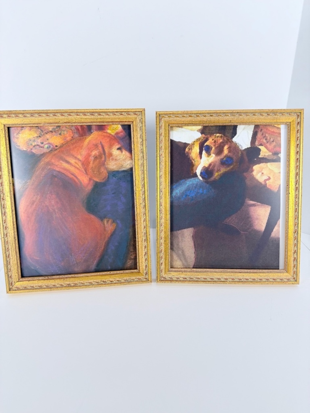 2 Vintage Italian Red Bole Gold Gilt Wood,Easel Back Picture Frames Under Glass